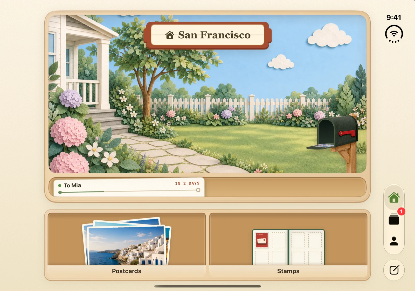 The desk at home in San Francisco on the unfolded iPhone Duo: a garden behind a picket fence, the green letterbox open with a card inside, a card to Mia on its way in the slot, and a badge on Postcards.