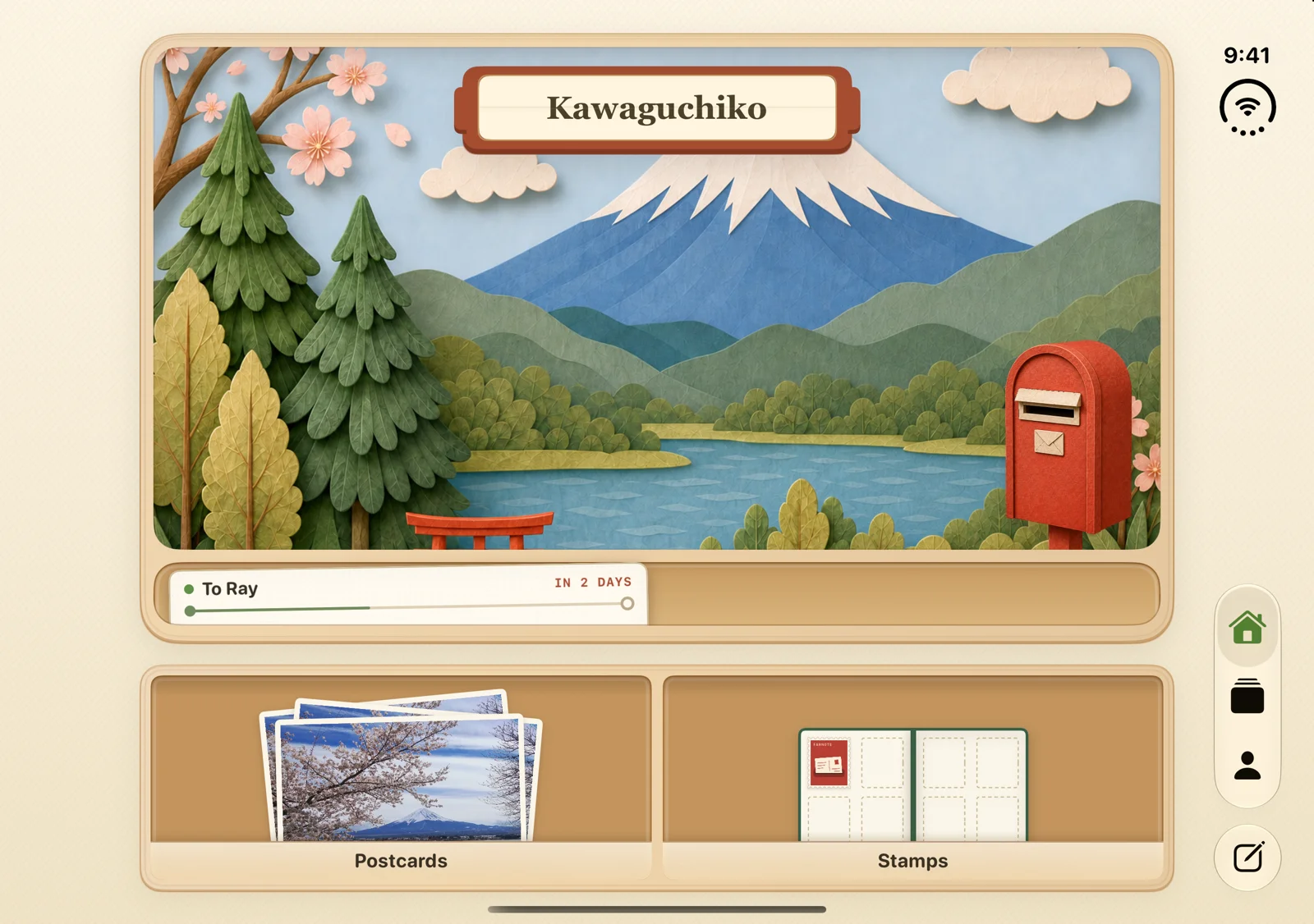 The desk on the unfolded iPhone Duo, held sideways: a wide window onto Kawaguchiko with its red postbox, a ticket in the slot below, the Postcards and Stamps drawers, and Write on its own beside the tabs.