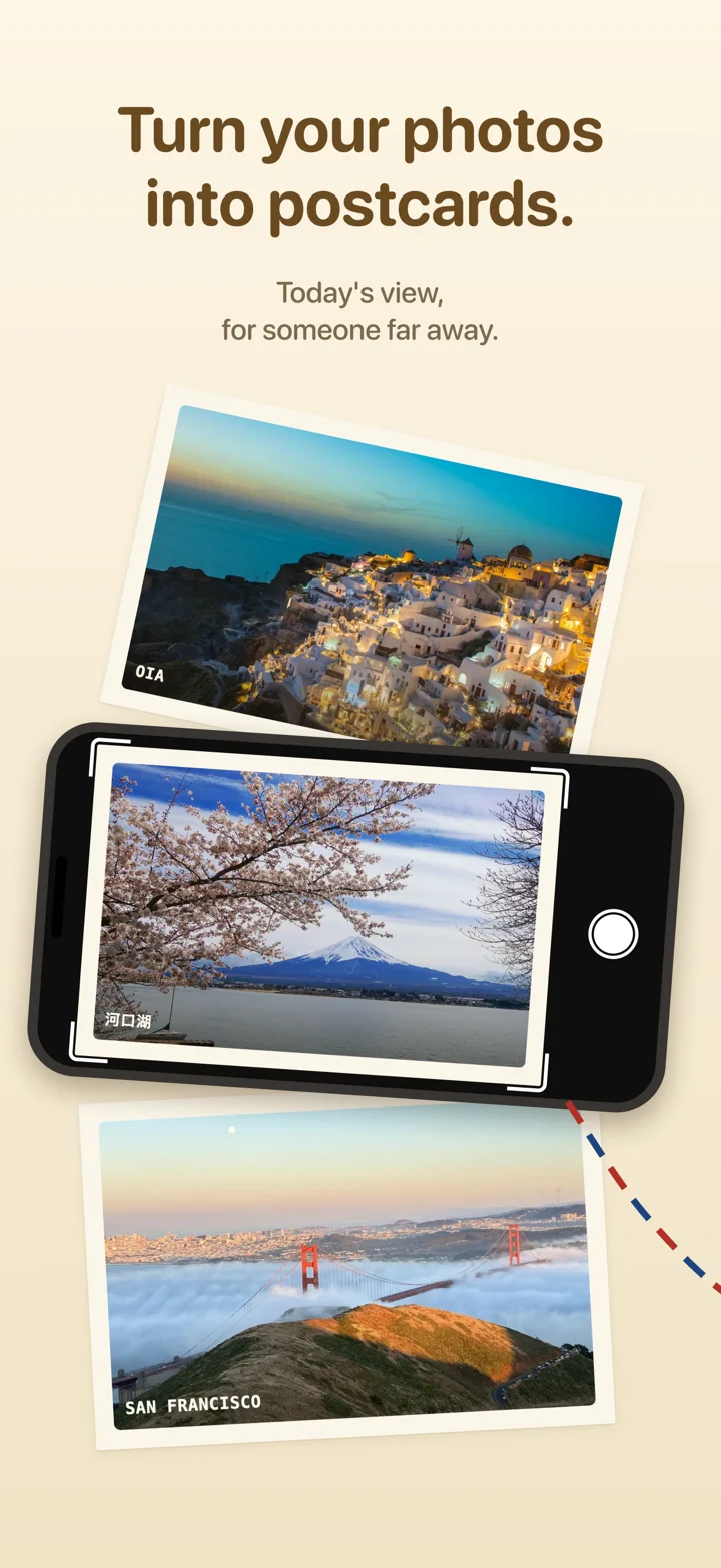 Turn your photos into postcards. Today’s view, for someone far away.