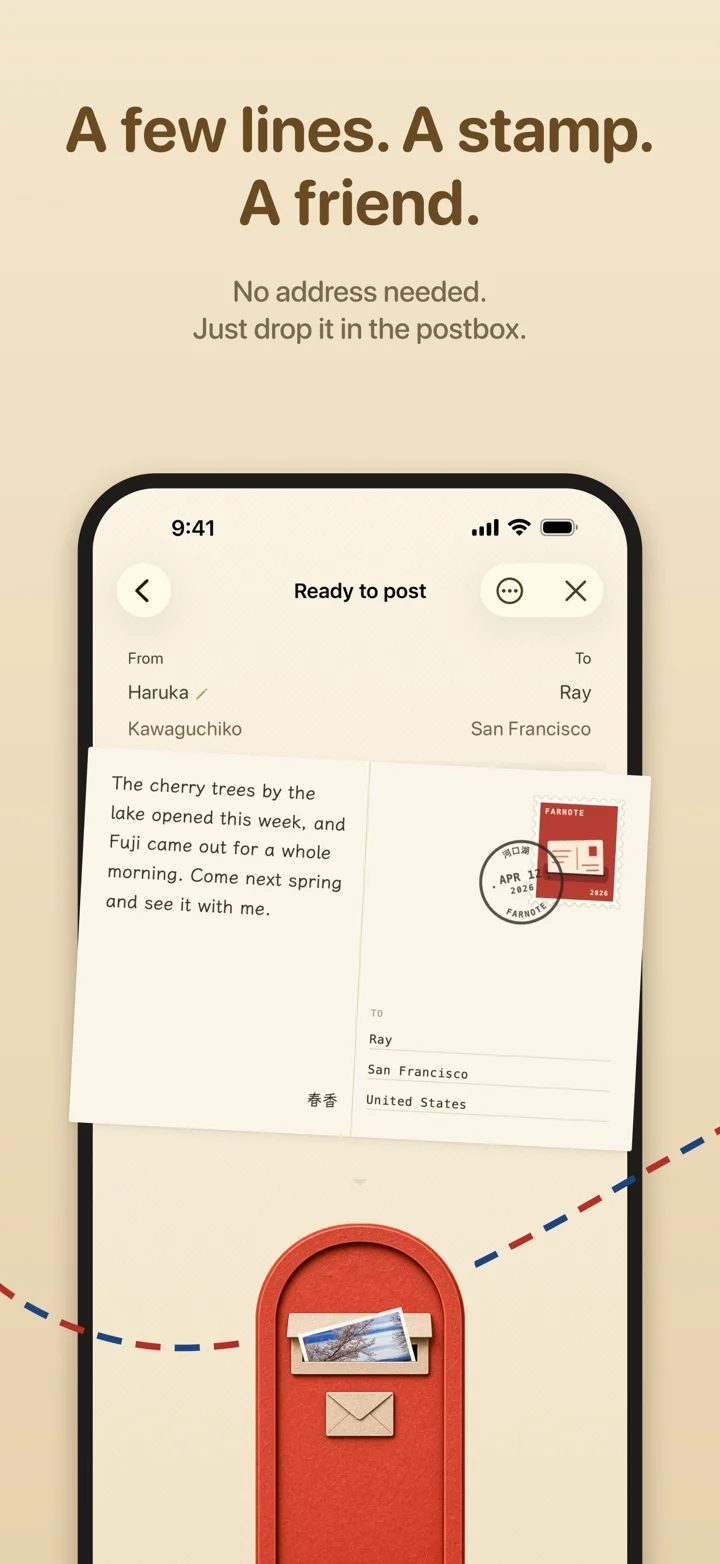 A few lines. A stamp. A friend. No address needed. Just drop it in the postbox.